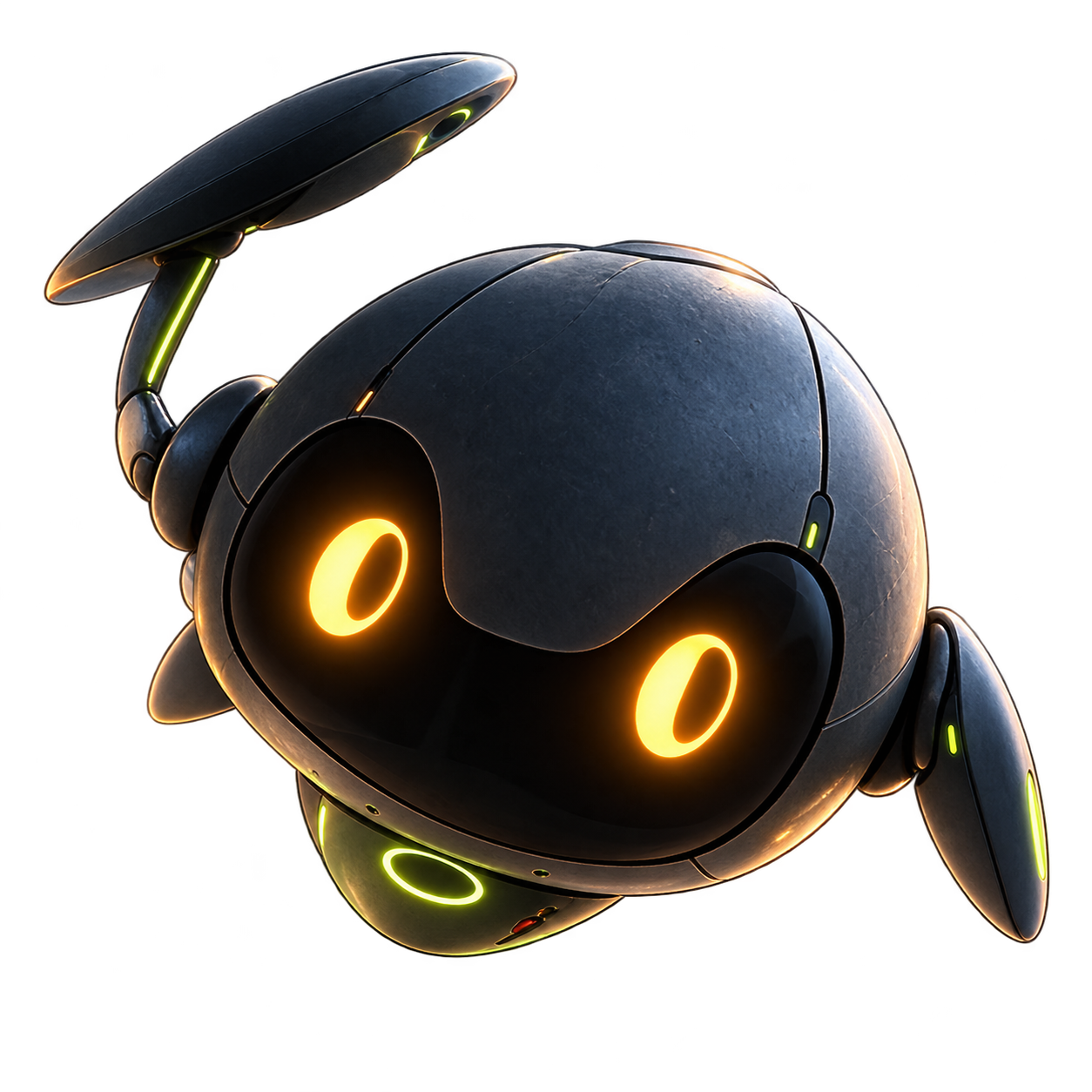 A small round robot flying above a planet